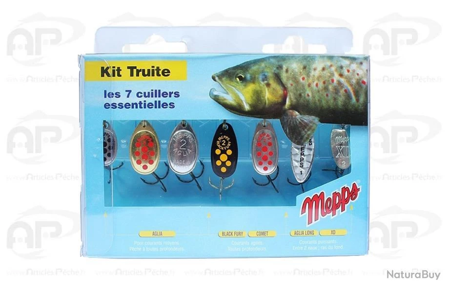 Kit Truite Mepps Or - Argent - Noir - Jaune - Rouge 7 Cuillers Différentes 16.4 Cm 1 Kit Truite Mepps Or - Argent - Noir - Jaune - Rouge 7 Cuillers Différentes 16.4 Cm